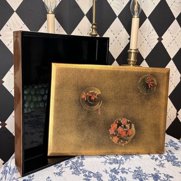 Japanese Gold Lacquered Large Box Black Interior| Cherry Blossoms Storage Decor - Picture 9 of 16